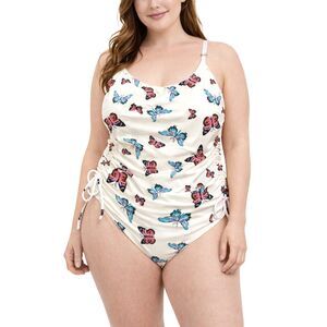 Rue+ Butterfly Print Ruched One-Piece Swimsuit Multicolor Adjustable Strap Sz 2X